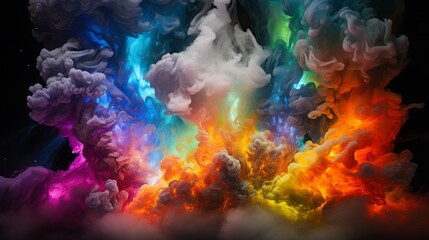 Fototapeta na wymiar Explosive dance of multicolored smoke against a stark black background, illuminated by dynamic light streaks. Generative AI