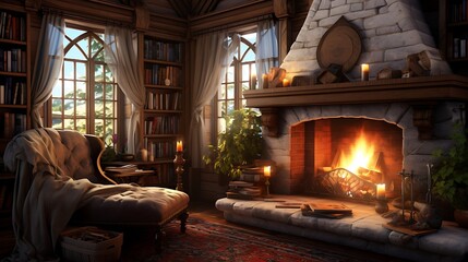 Obraz na płótnie Canvas A library with a cozy reading nook near a fireplace.