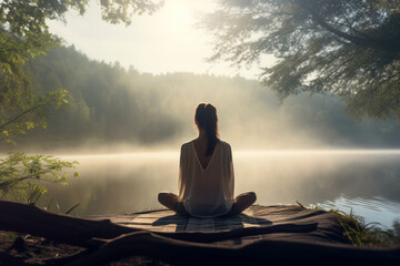 young woman meditating in lotus position on a wooden pier by the lake in forest