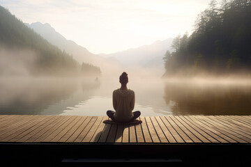 young woman meditating in lotus position on a wooden pier by the lake in forest