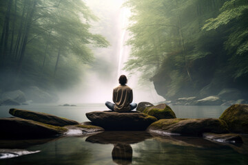 young man meditating in lotus position on a stone by the lake in forest