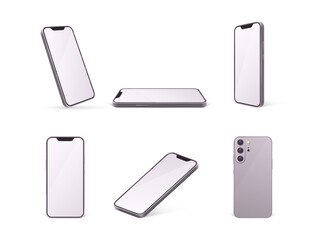 Realistic new phone mockup. Cellphone different displays perspective, isolated phone mobile device app presentation, smart cell telephone touch screen, decent vector illustration
