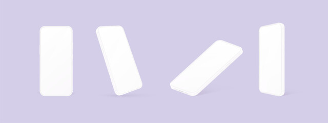 Clay smartphone mockup. 3d white cellphone minimal design, white telephone screenshot for mobile app present, blank plastic cell phone