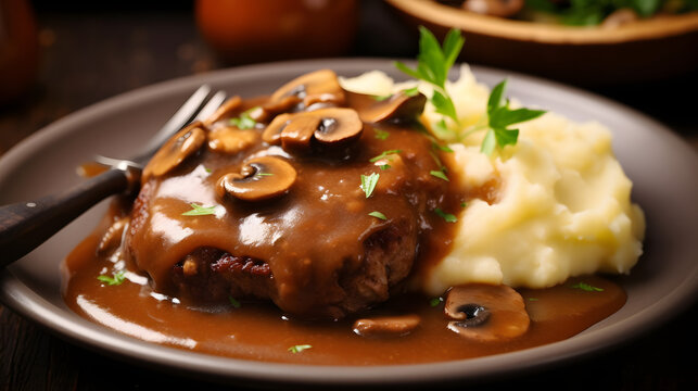 Delicious home cooked Salisbury steak with thick luscious brown mushroom gravy served with mashed potatoes on a plate. Traditional American cuisine dish specialty for family dinner holiday celebration