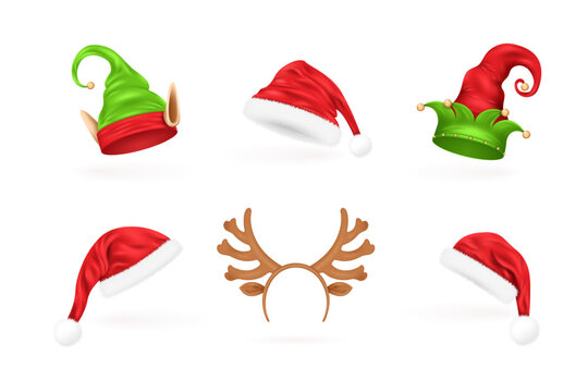 Realistic christmas holiday hats. Antler reindeer hat or noel headband, elf santa red cap xmas costume photo booth winter decoration magic elves mask set decent vector illustration