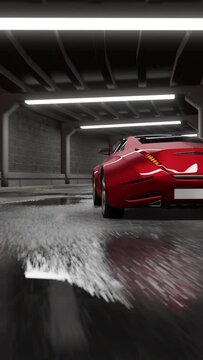 Modern brandless electric sports car driving through a tunnel