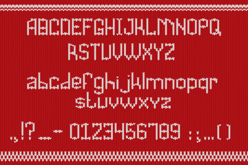 Knitted font. Knitting alphabet letters, wool ugly sweater fabric typeface, christmas type textile winter warm knit embroidery text nordic - obrazy, fototapety, plakaty