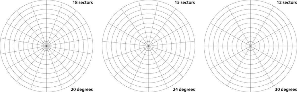 Polar grid divided into radial 20, 24, 30 degree 18, 15 and 12 sectors and concentric circles. Protractor or geometry angle ruler. Device gauge or radar coordinate screen