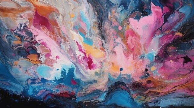 Abstract colourful pink blue colours multicoloured art painting illustration texture - watercolour swirl waves liquid splashes. Decor concept. Real estate concept. Art concept.