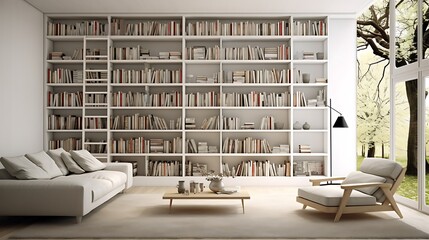 A contemporary library with sleek, minimalist bookshelves.