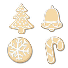 vector illustration of christmas cookies with white sugar lines forming pine trees, bells, decorative balls, curved sticks