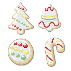 vector illustration of Christmas cookies with a field of white sugar decorated with red, yellow and green lines and dots forming a pine tree, bells, decorative balls, curved sticks