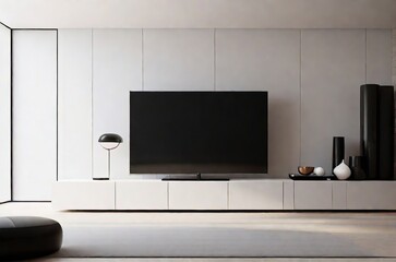 modern living room with tv. A contemporary living room showcasing a minimalist design featuring a comfortable couch and a sleek flat-screen TV.