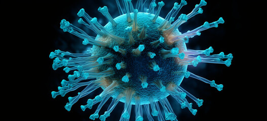 3Dバナーイラスト、浮遊するインフルエンザウイルス細胞の顕微鏡写真,3D banner illustration, micrograph of floating influenza virus cells,Generative AI