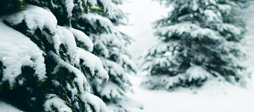 Floresta de pinheiros cobertos de neve. Ambiente nevado de natal. Cena natalina de pinheiros com neve em uma montanha fria de inverno.