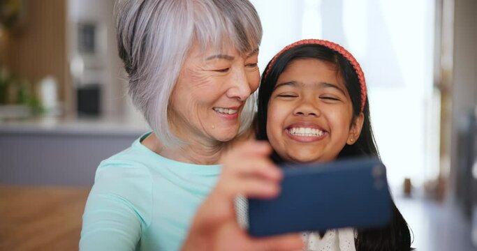 Home, selfie and grandmother with girl, smile and profile picture with happiness, bonding together and relax. Apartment, granny or grandchild with a smartphone, post and social media with love or joy