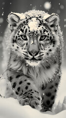 A leopard (snow leopard) walks through the snow, its fur covered with snow. Beautiful portrait of a leopard.