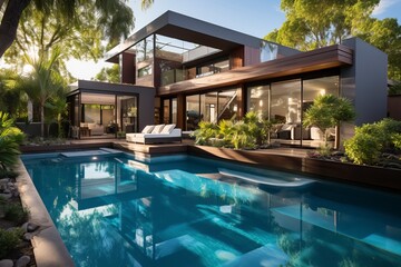 A modern home and swimming pool next to the ocean