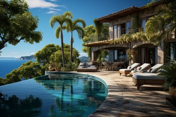 Obraz premium A modern home and swimming pool next to the ocean