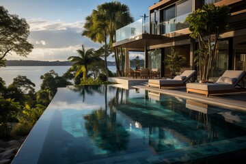 A modern home and swimming pool next to the ocean