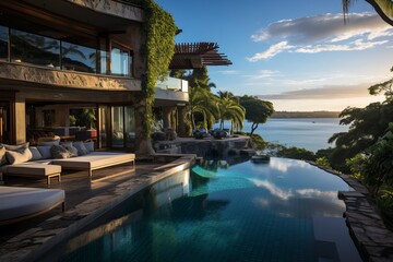 A modern home and swimming pool next to the ocean - obrazy, fototapety, plakaty