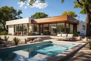 Fototapeta premium A modern home and swimming pool next to the ocean