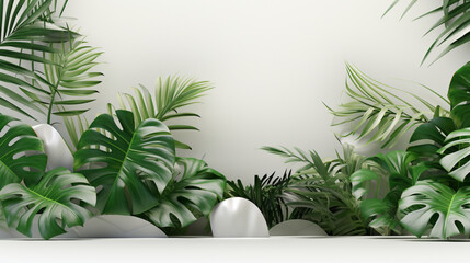 Obraz premium 白地に空の白い丸いコースターとエキゾチックな葉,A white round coaster with no objects on it, accompanied by exotic leaves on a white background,Generative AI