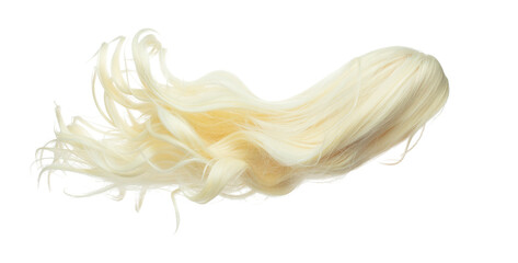 Wind blow long wavy curl Wig hair style fly fall. Gold Blonde woman wig hair float in mid air. Long straight Curly wavy golden wig hair wind blow cloud throw. White background isolated detail motion - obrazy, fototapety, plakaty