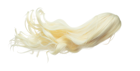 Wind blow long wavy curl Wig hair style fly fall. Gold Blonde woman wig hair float in mid air. Long straight Curly wavy golden wig hair wind blow cloud throw. White background isolated detail motion