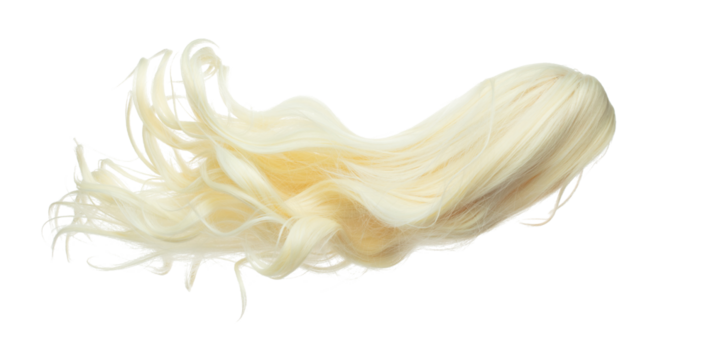 Wind blow long wavy curl Wig hair style fly fall. Gold Blonde woman wig hair float in mid air. Long straight Curly wavy golden wig hair wind blow cloud throw. White background isolated detail motion