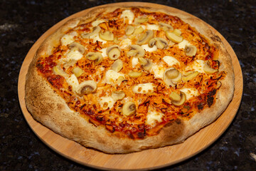 Traditional Brazilian chicken pizza with catupiry cheese and mushrooms