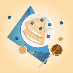 pancakes with cottage cheese, honey and blueberries.