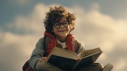 Education for your children concept. A happy boy with a book riding on a cloud in the sky to explore, learn, and take his own adventure for his success. - obrazy, fototapety, plakaty