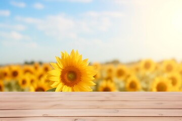 wooden table with a blurred sunflower field as a background on a shining day