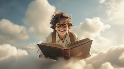 Education for your children concept. A happy boy with a book riding on a cloud in the sky to explore, learn, and take his own adventure for his success. - obrazy, fototapety, plakaty