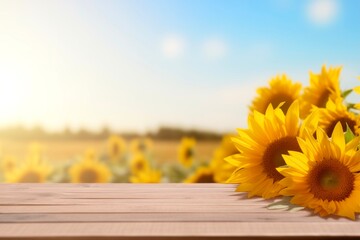 wooden table with a blurred sunflower field as a background on a shining day