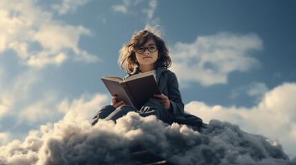 Education for your children concept. A schoolgirl with a book riding on a cloud in the sky to explore, learn, and take her own adventure for her success.