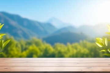 wooden table background of free space with green leaves blue sky and sunlight - Powered by Adobe