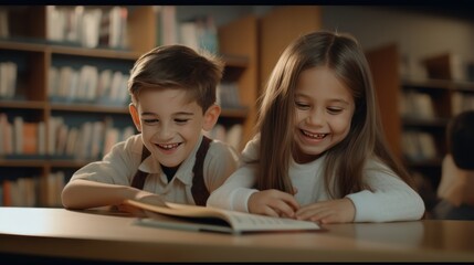Education for your children concept. A happy boy and a girl enjoy reading books together in a library. Spending their precious time for their curiosity, creativity, literacy, and exploration.