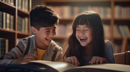 Education for your children concept. A happy boy and a girl enjoy reading books together in a library. Spending their precious time for their curiosity, creativity, literacy, and exploration.