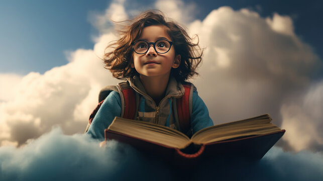Education for your children concept. A schoolgirl with a book riding on a cloud in the sky to explore, learn, and take her own adventure for her success.