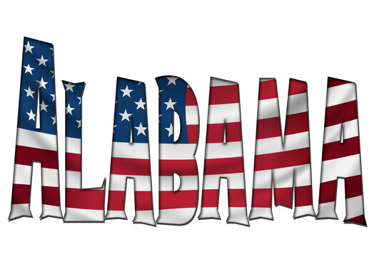 Alabama 3d illustartion with usa flag in background.. Filling letters with the flag of Alabama. Transparent background.
