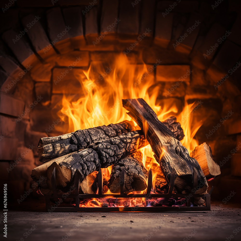 Wall mural burning firewood in a fireplace at night. selective focus