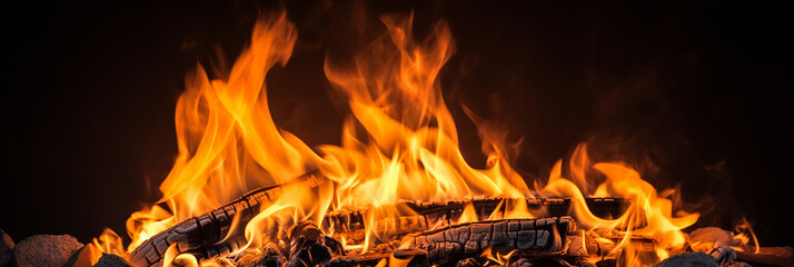 Fire flames on black background, panoramic banner with copy space