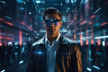 portrait of a man in futuristic city