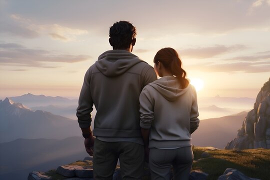 silhouette of a couple on the top of the mountain, sunset in the background