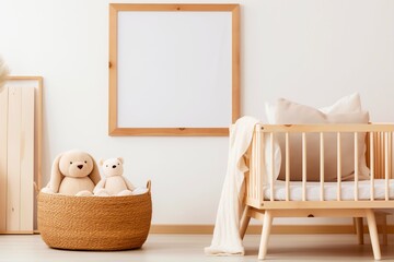 Mockup template of empty wooden frame above baby cot in minimal style