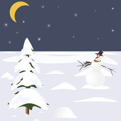 Winter evening, snowman and Christmas tree under the moon and starry sky