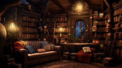 A library with a cozy corner for storytelling sessions.