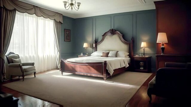 Elegant, traditional bedroom featuring a large, ornate bed with a tufted headboard, classic wooden furniture, and a soft color palette, exuding a timeless, luxurious aesthetic